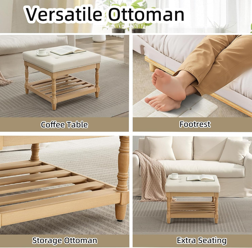 Beige Tufted Storage Ottoman