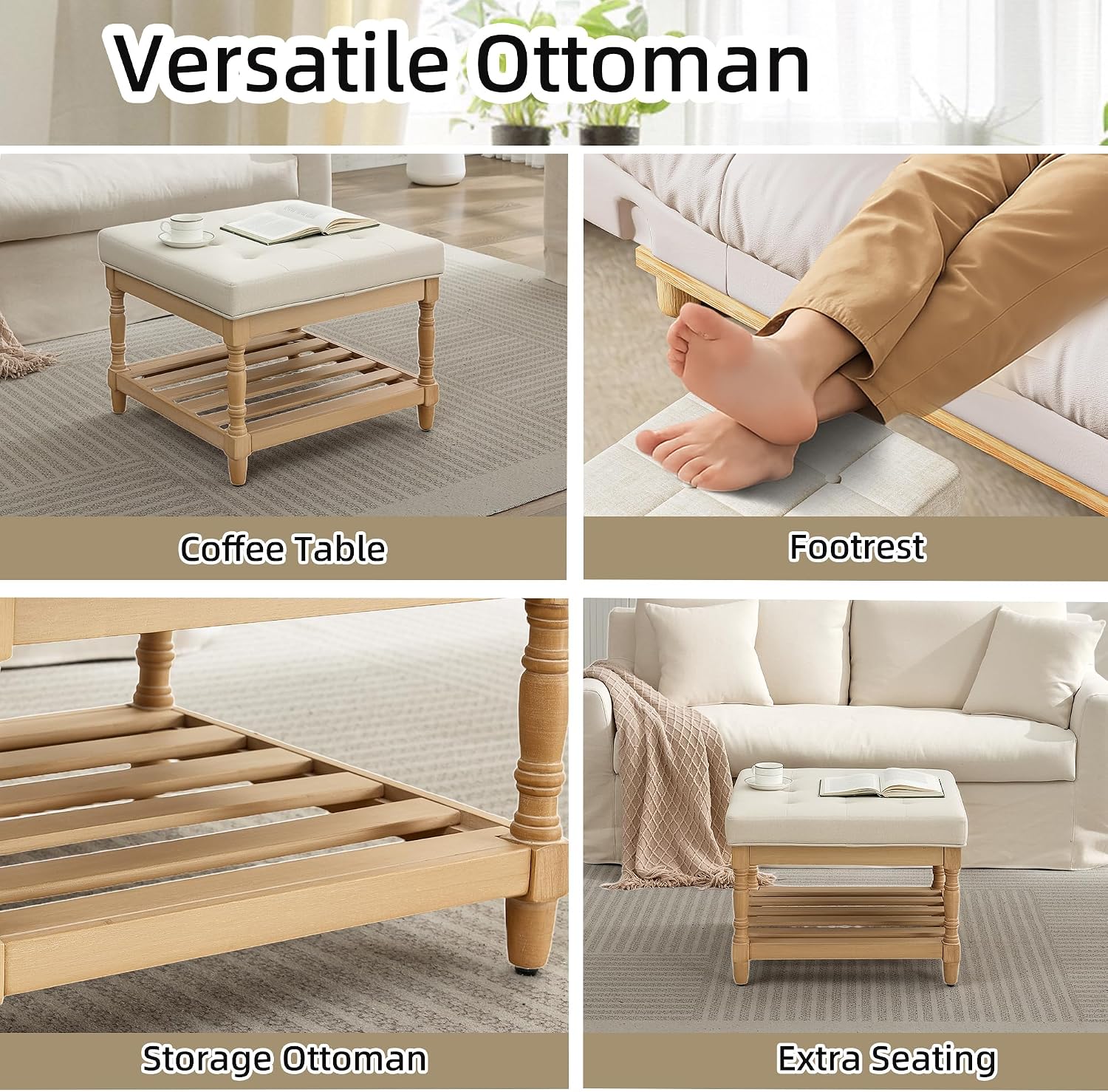 Beige Tufted Storage Ottoman