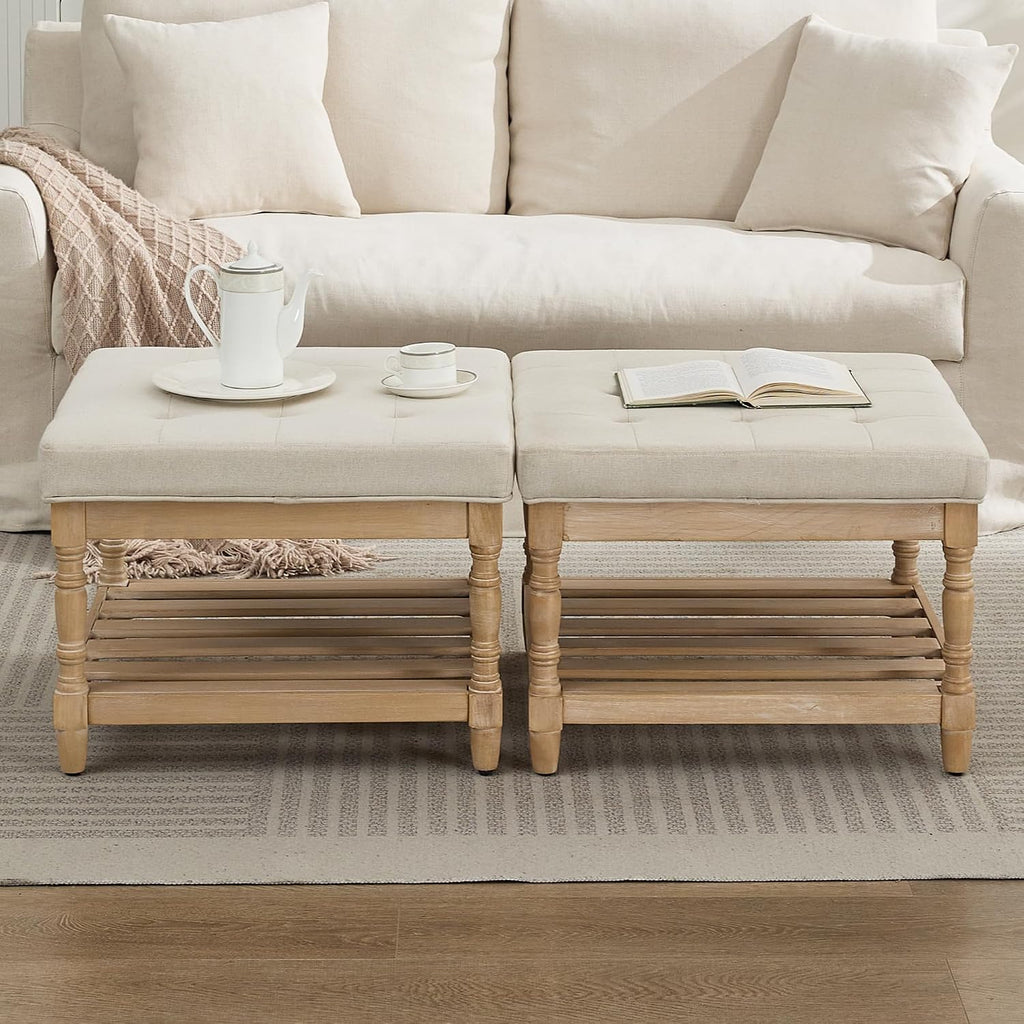 Beige Tufted Storage Ottoman