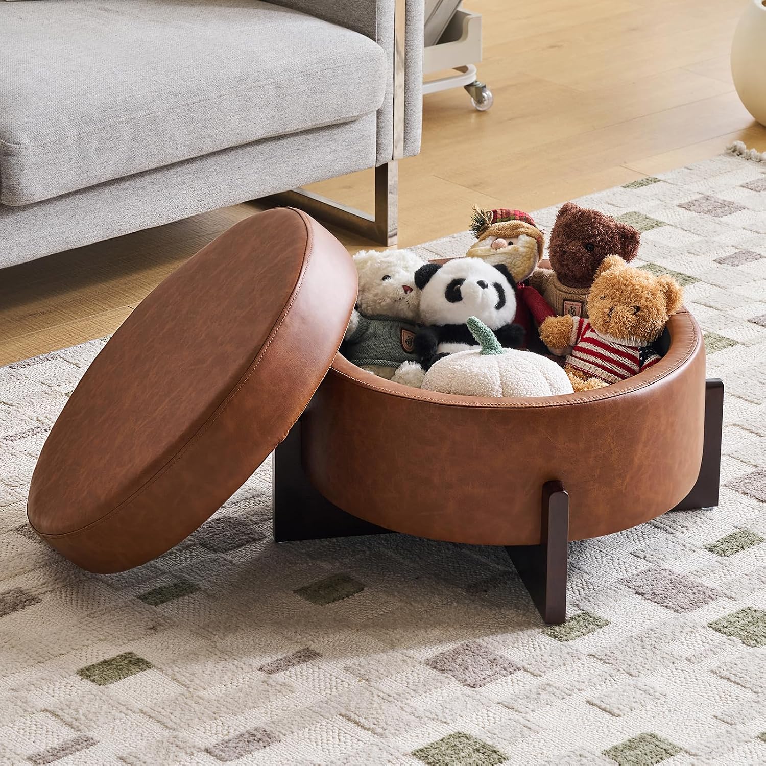 Light Brown Leather Storage Ottoman