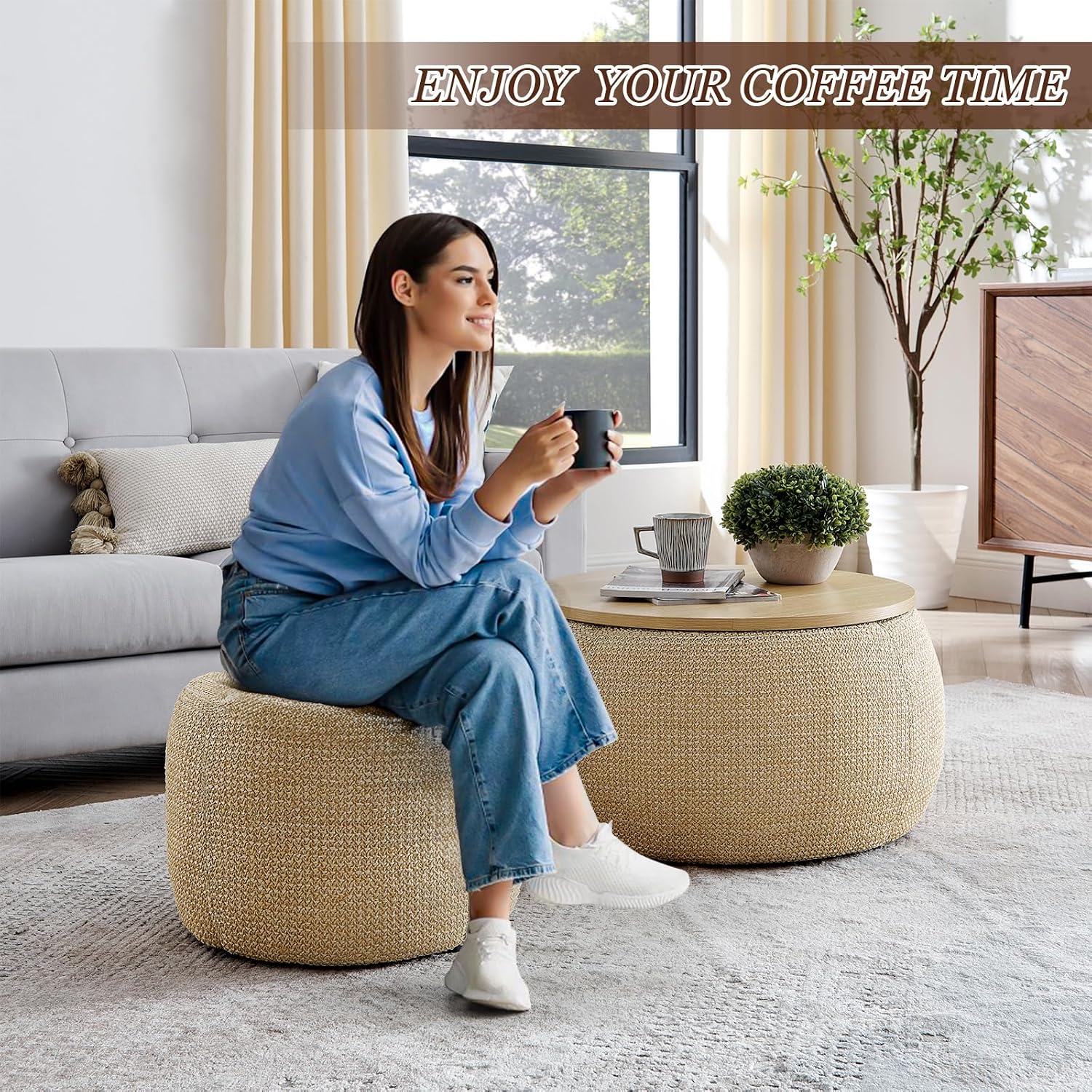 Natural Round Storage Ottoman Set