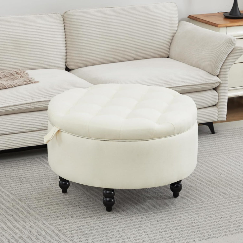 White Tufted Round Storage Ottoman
