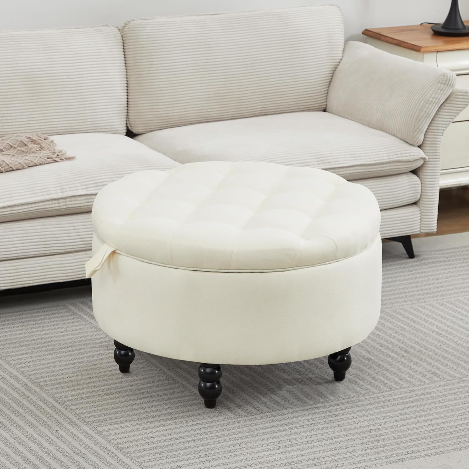 White Tufted Round Storage Ottoman