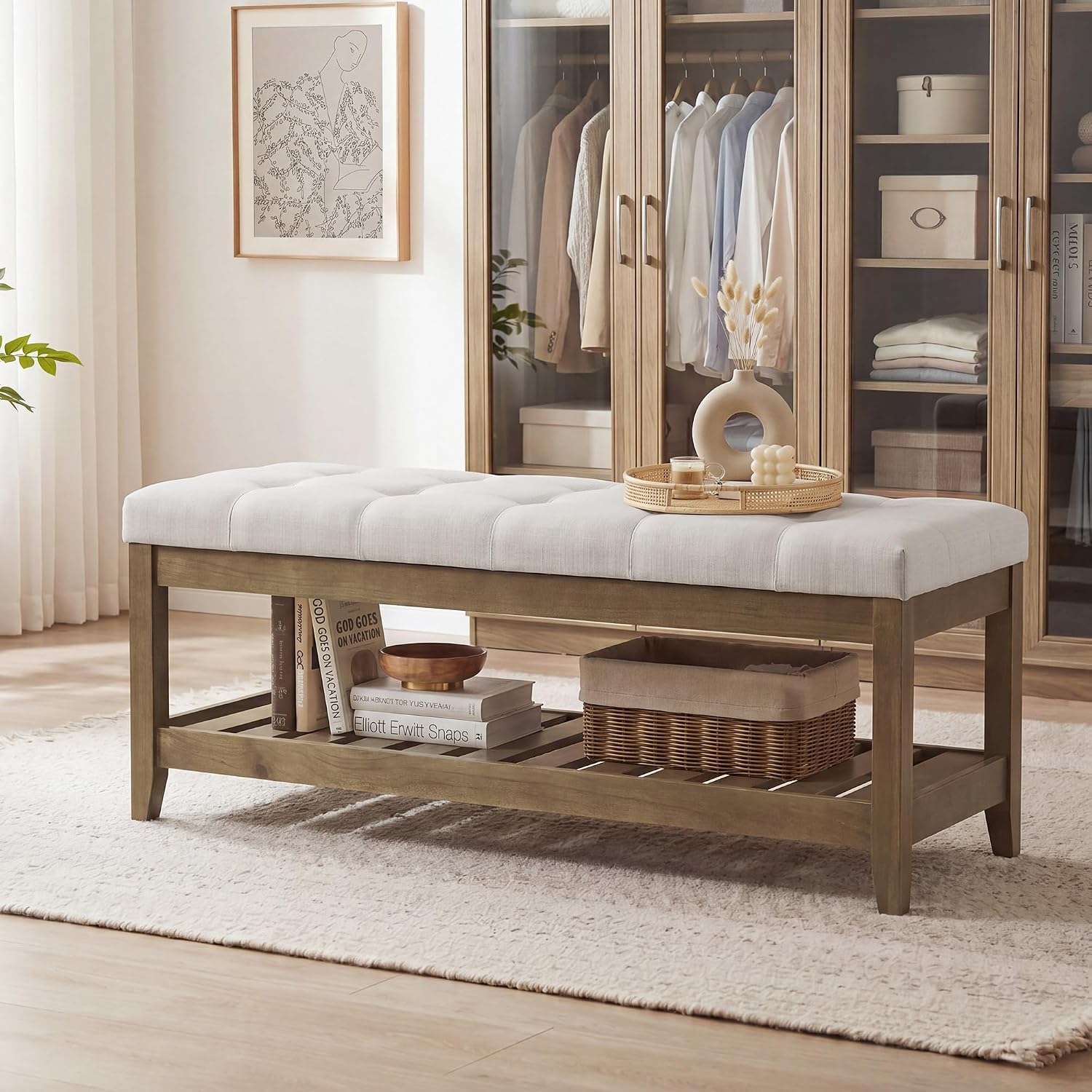 Sand Tufted Wood Frame Storage Bench