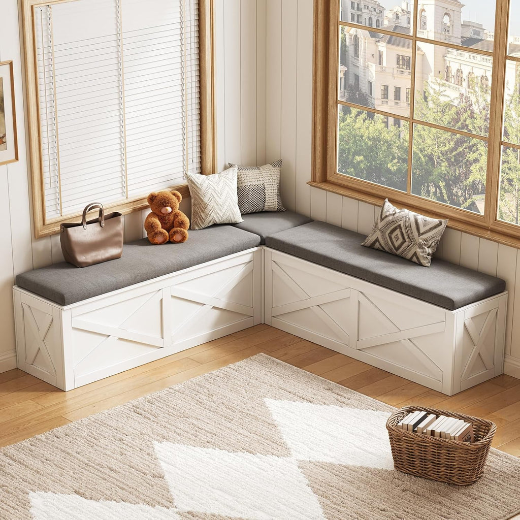 White Cushioned L-Shaped Storage Bench