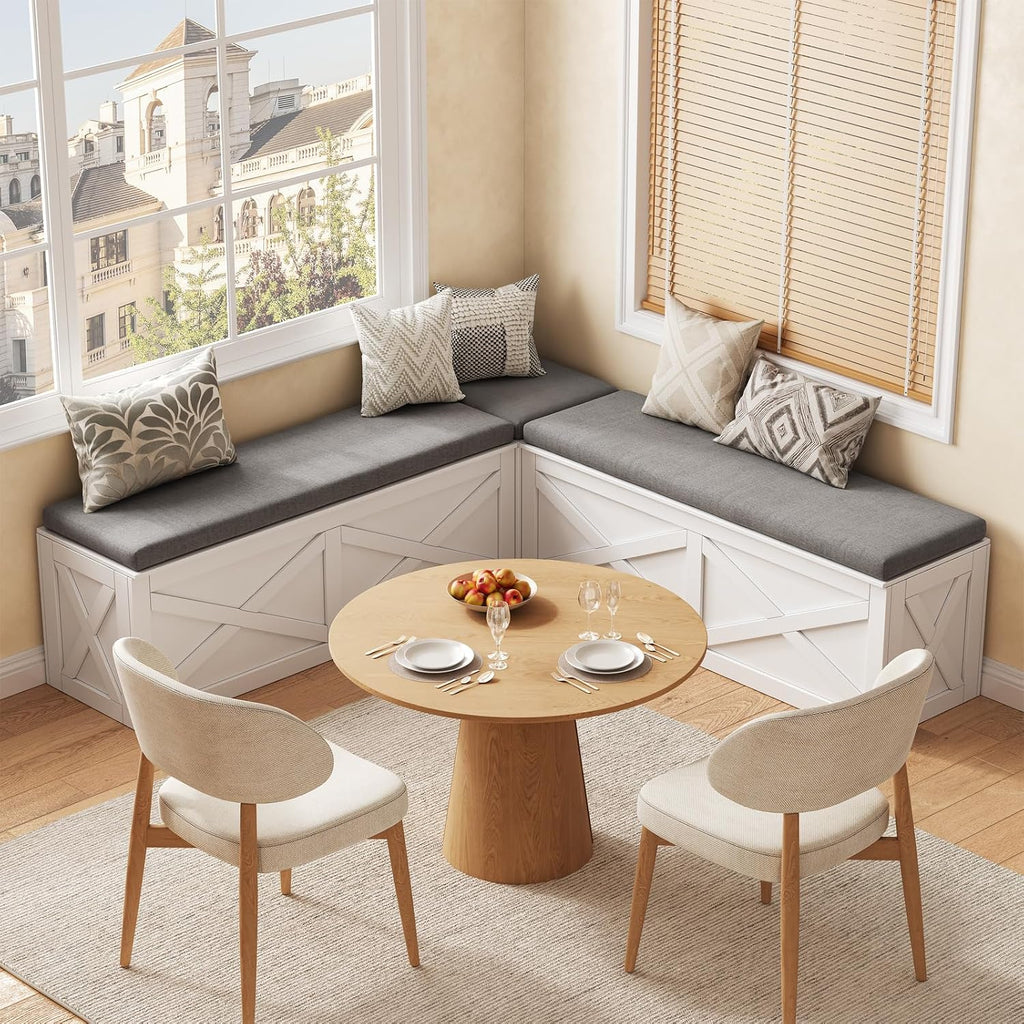 White Cushioned L-Shaped Storage Bench