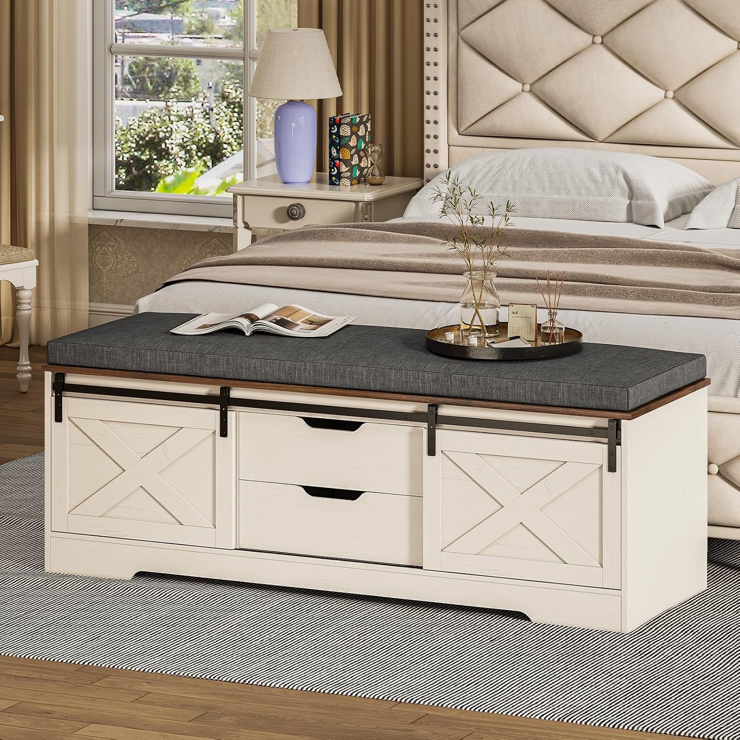 White Brown Drawer Cushioned Storage Bench