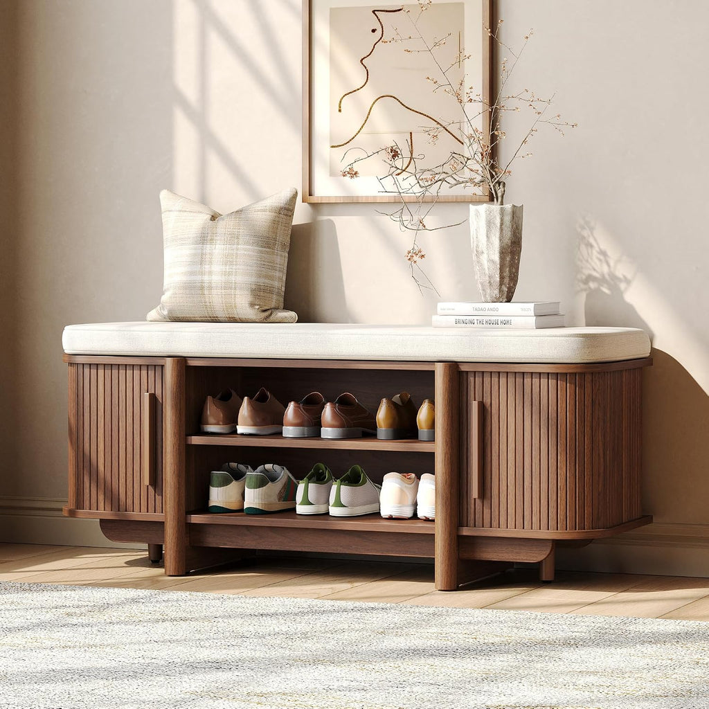 Walnut Cushioned Shoe Storage Bench