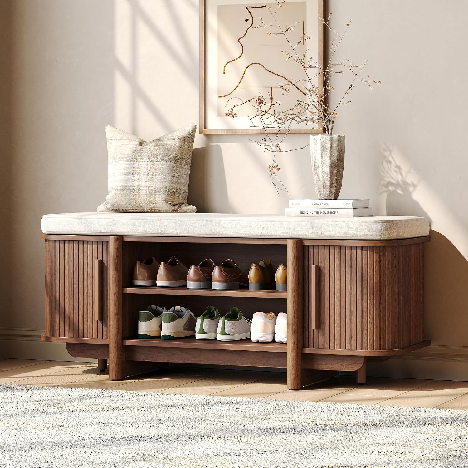 Walnut Cushioned Shoe Storage Bench
