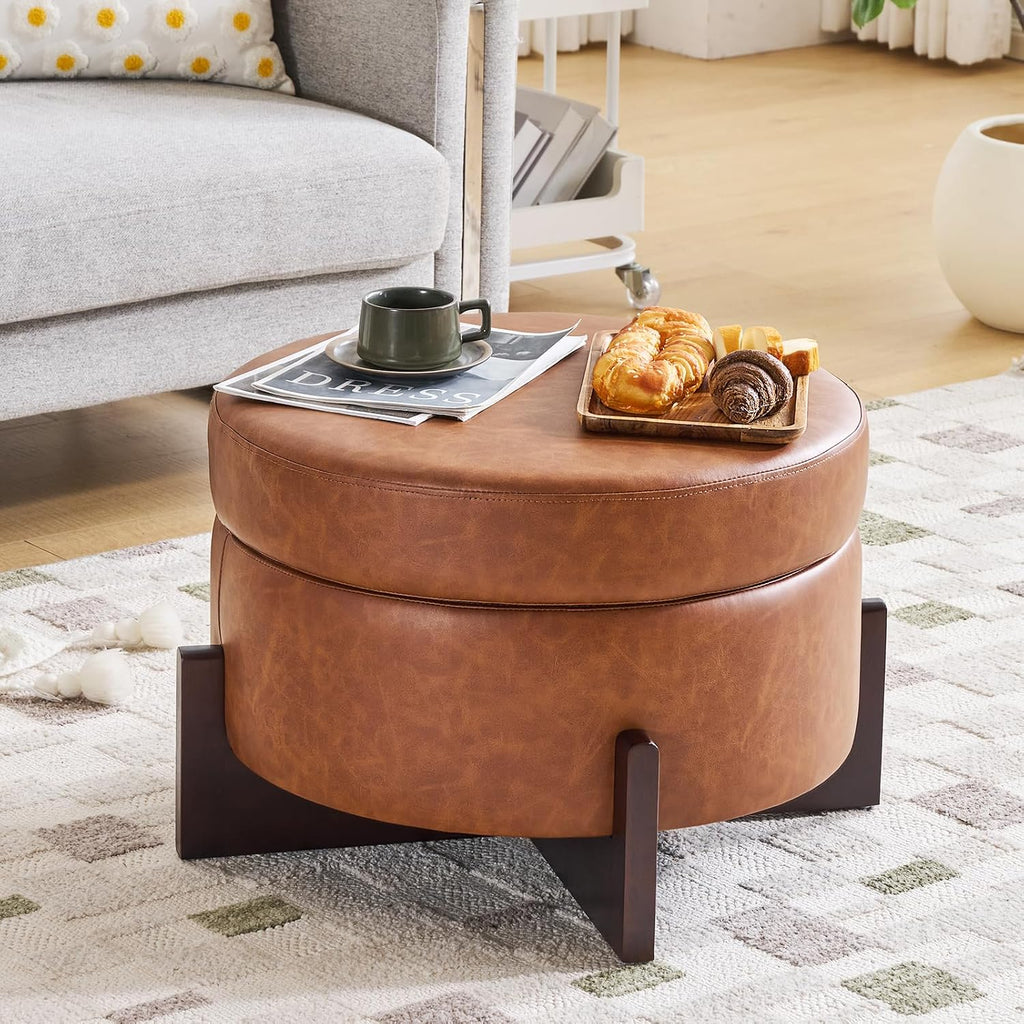 Light Brown Leather Storage Ottoman