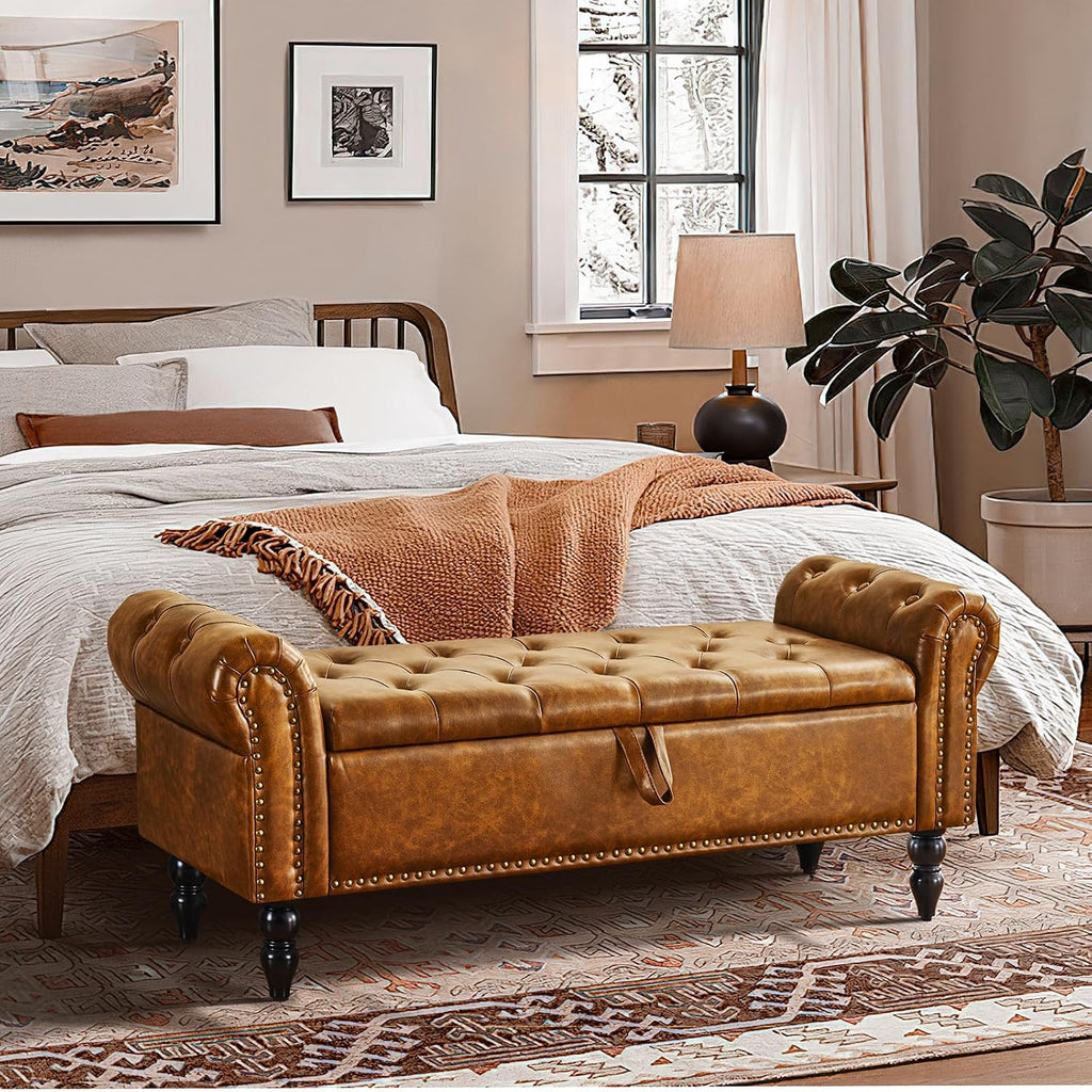 Leather Armrest Storage Ottoman Bench