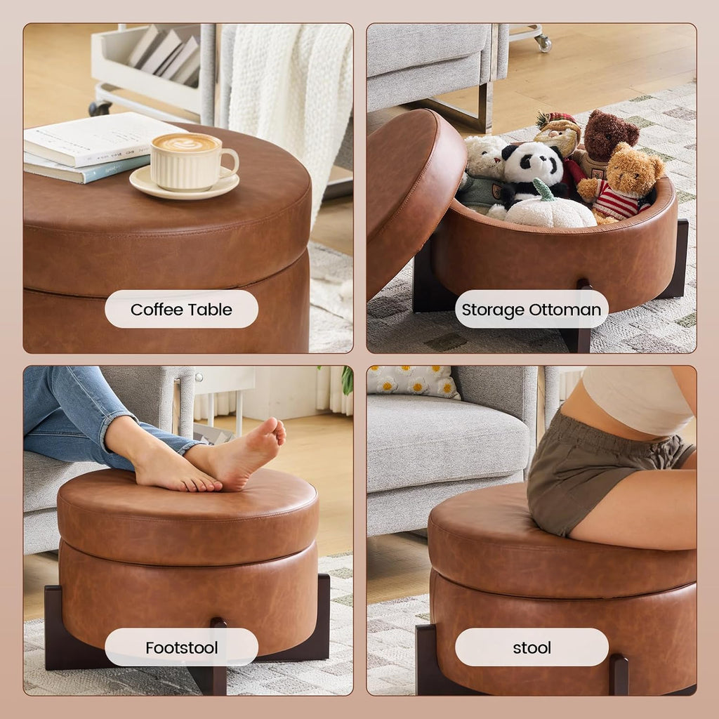 Light Brown Leather Storage Ottoman
