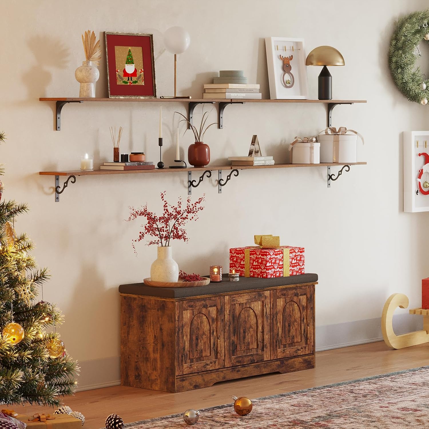 Rustic Cubby Cushioned Shoe Bench