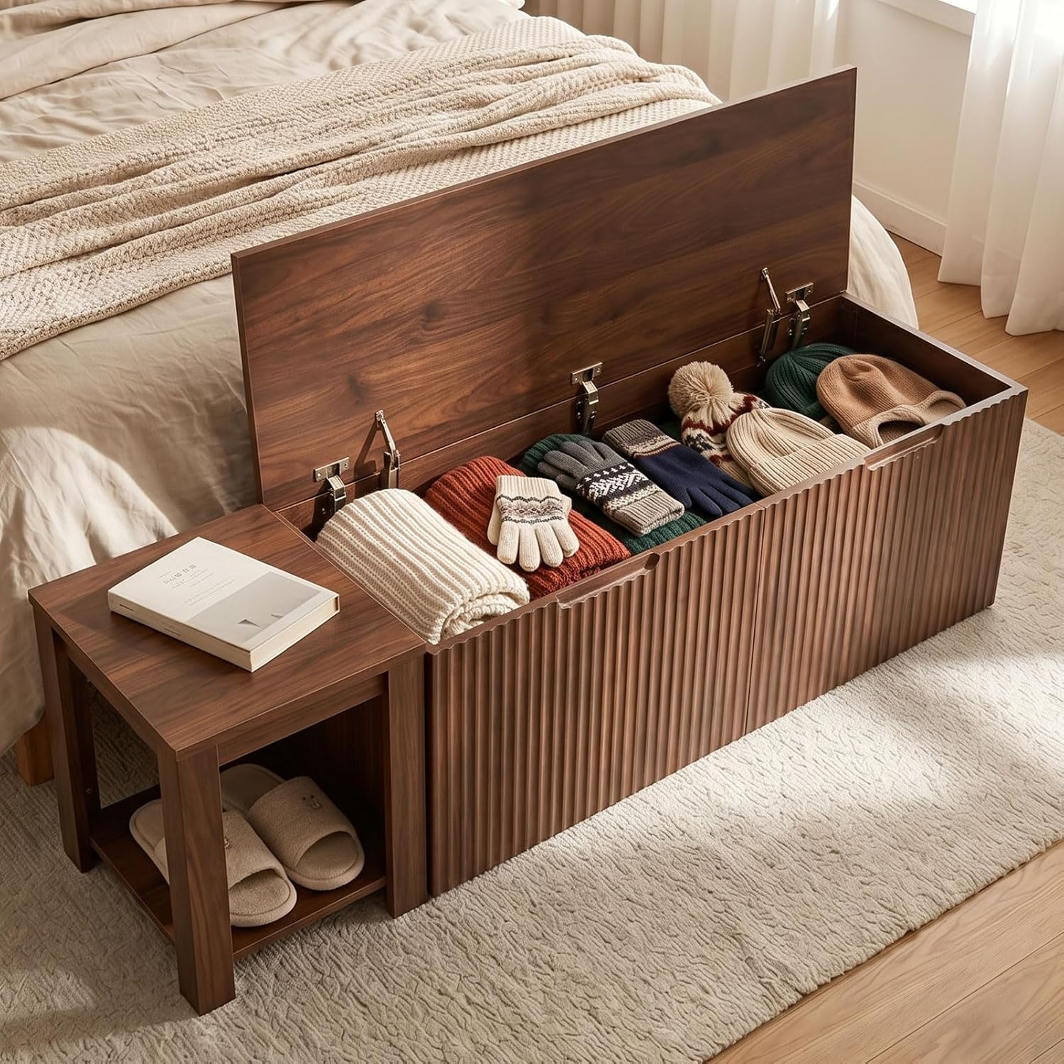 Walnut L-Shaped Corner Storage Bench