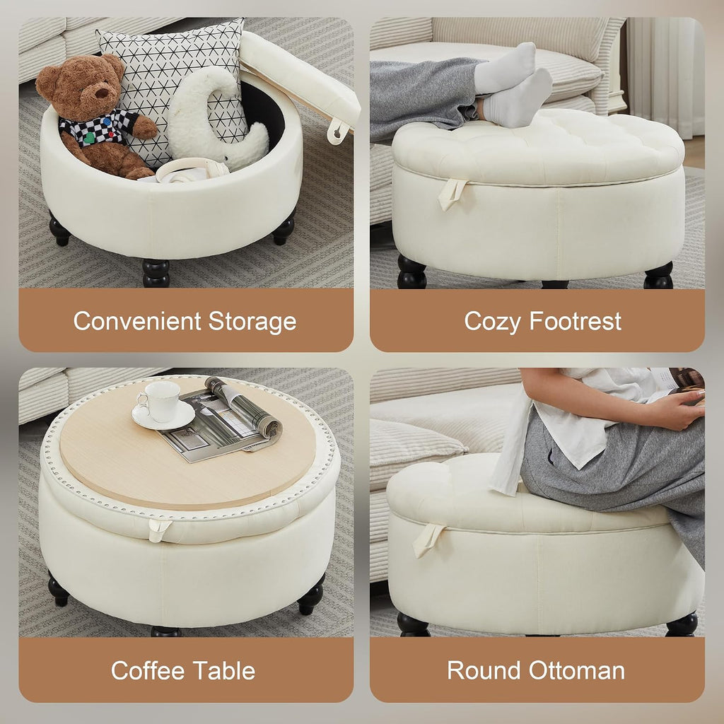White Tufted Round Storage Ottoman