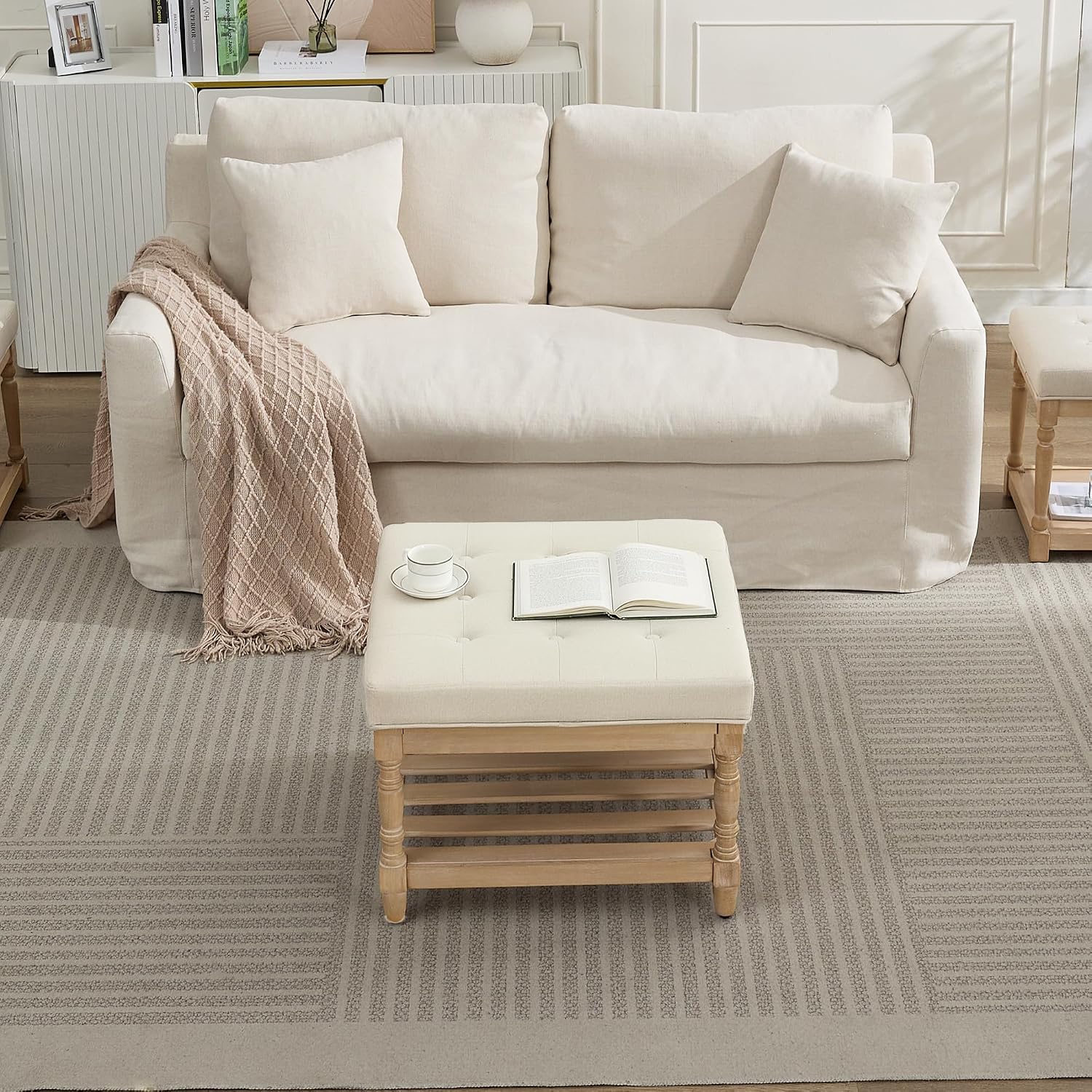 Beige Tufted Storage Ottoman