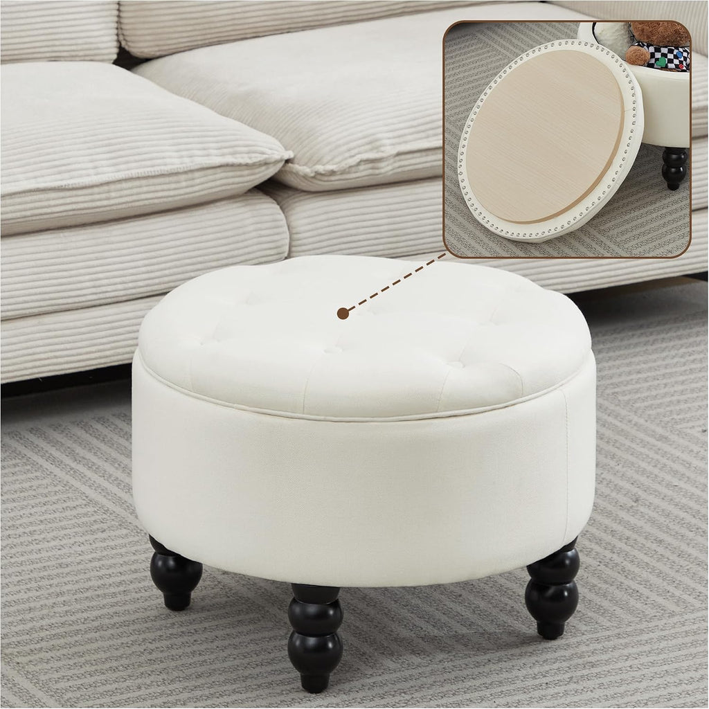 White Tufted Round Storage Ottoman