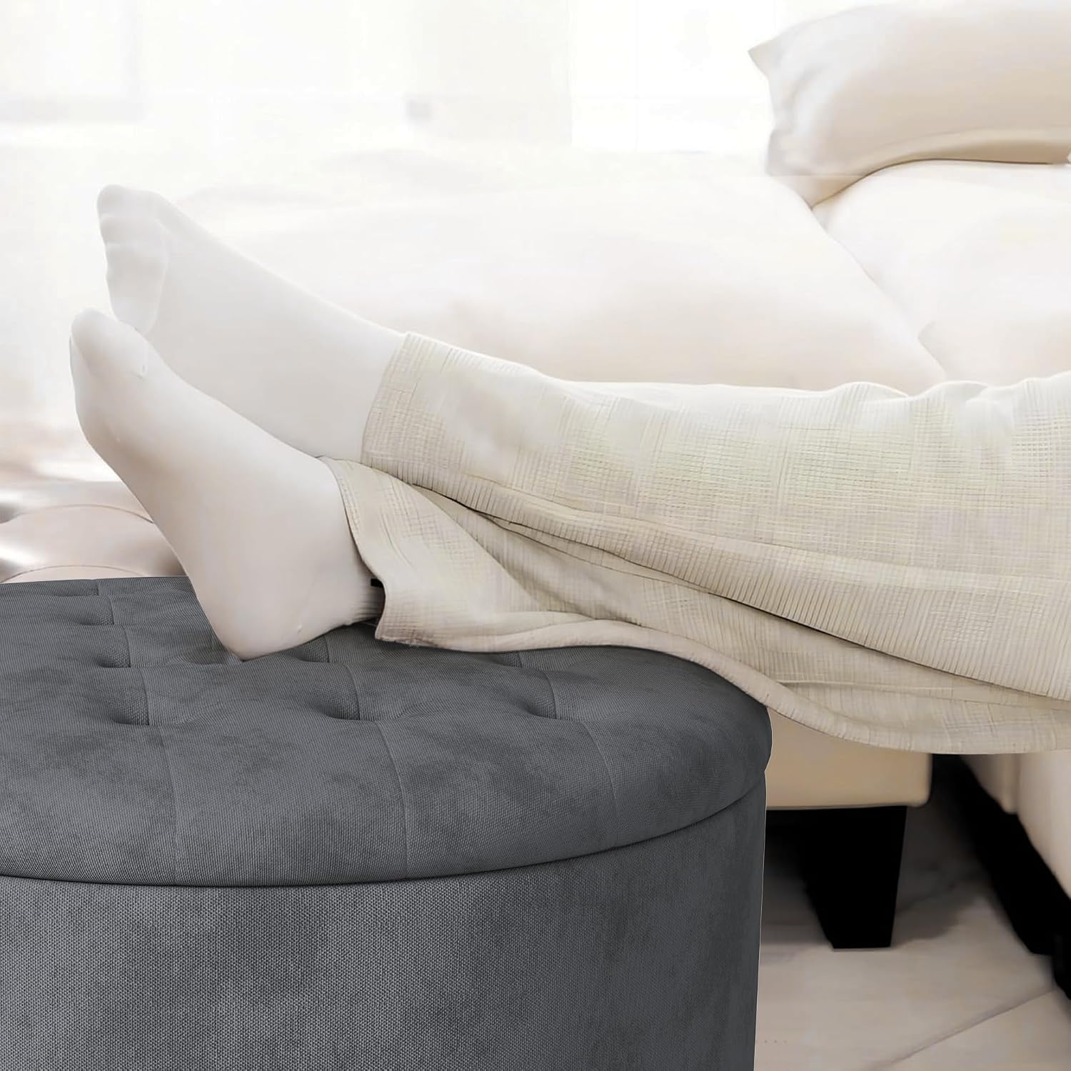 Grey Round Storage Ottoman