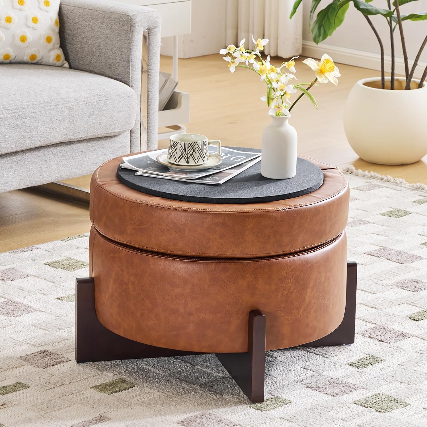 Light Brown Leather Storage Ottoman