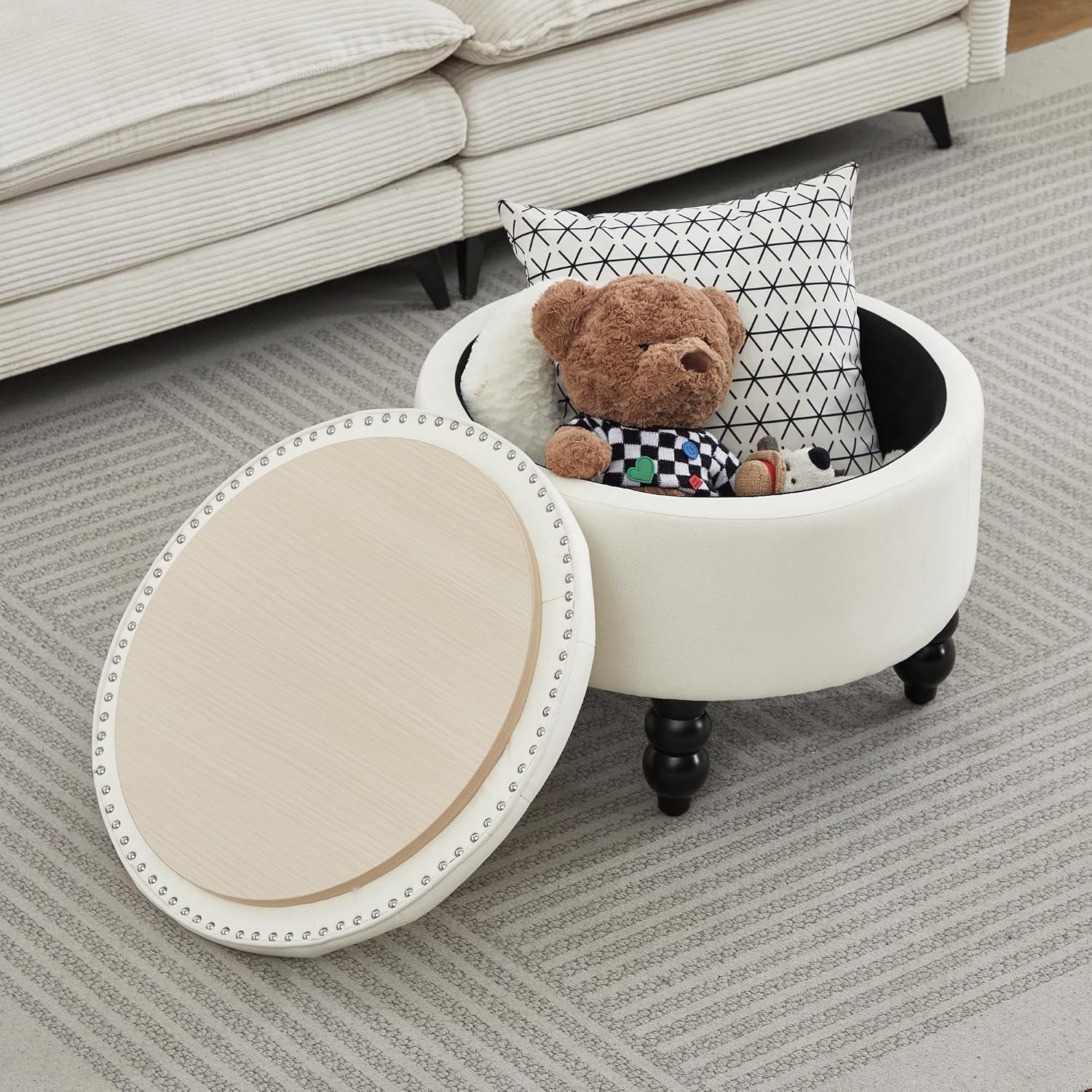 White Tufted Round Storage Ottoman