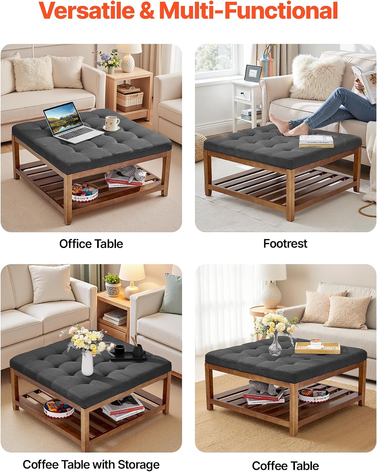 Dark Grey Linen Storage Ottoman