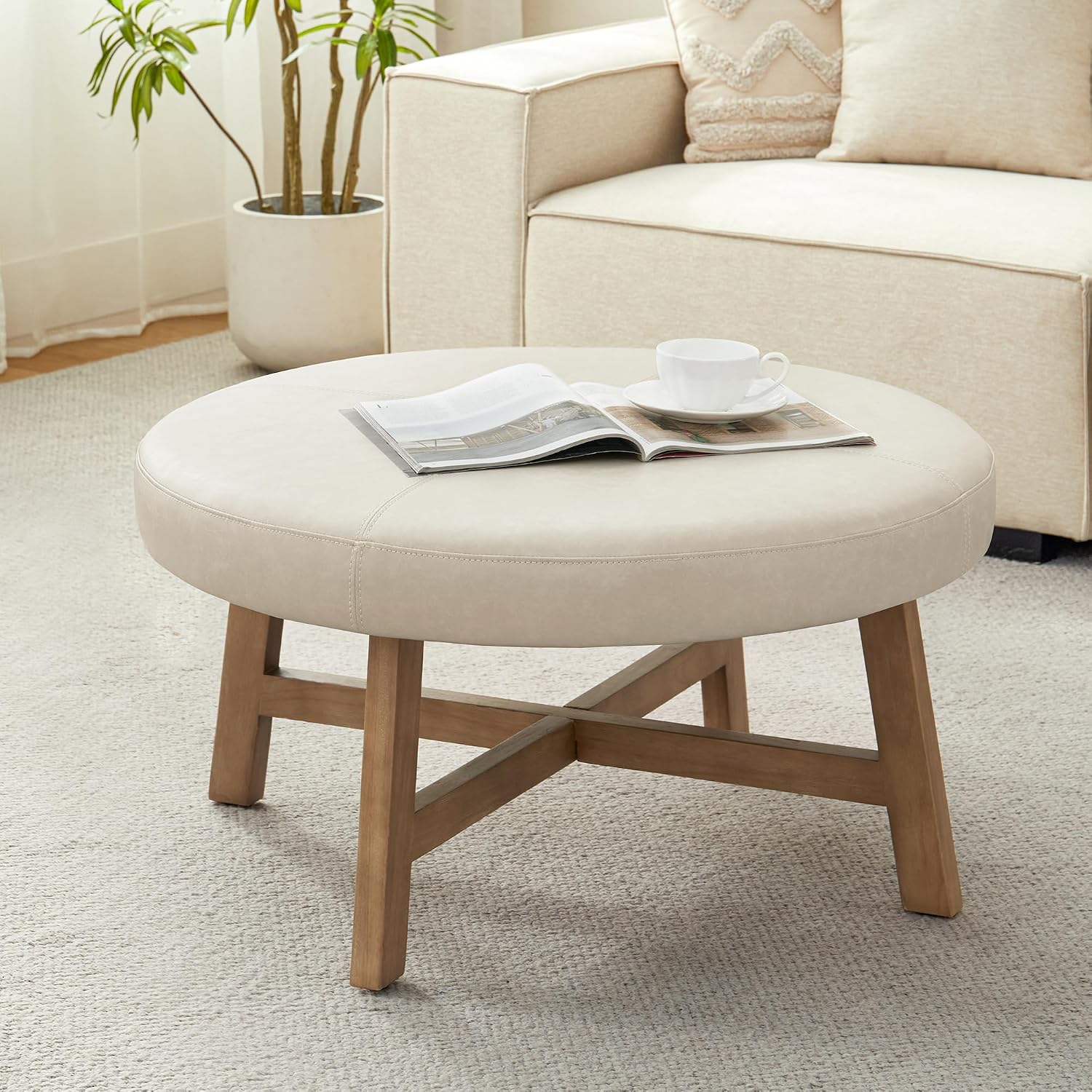 Beige Leather Round Ottoman