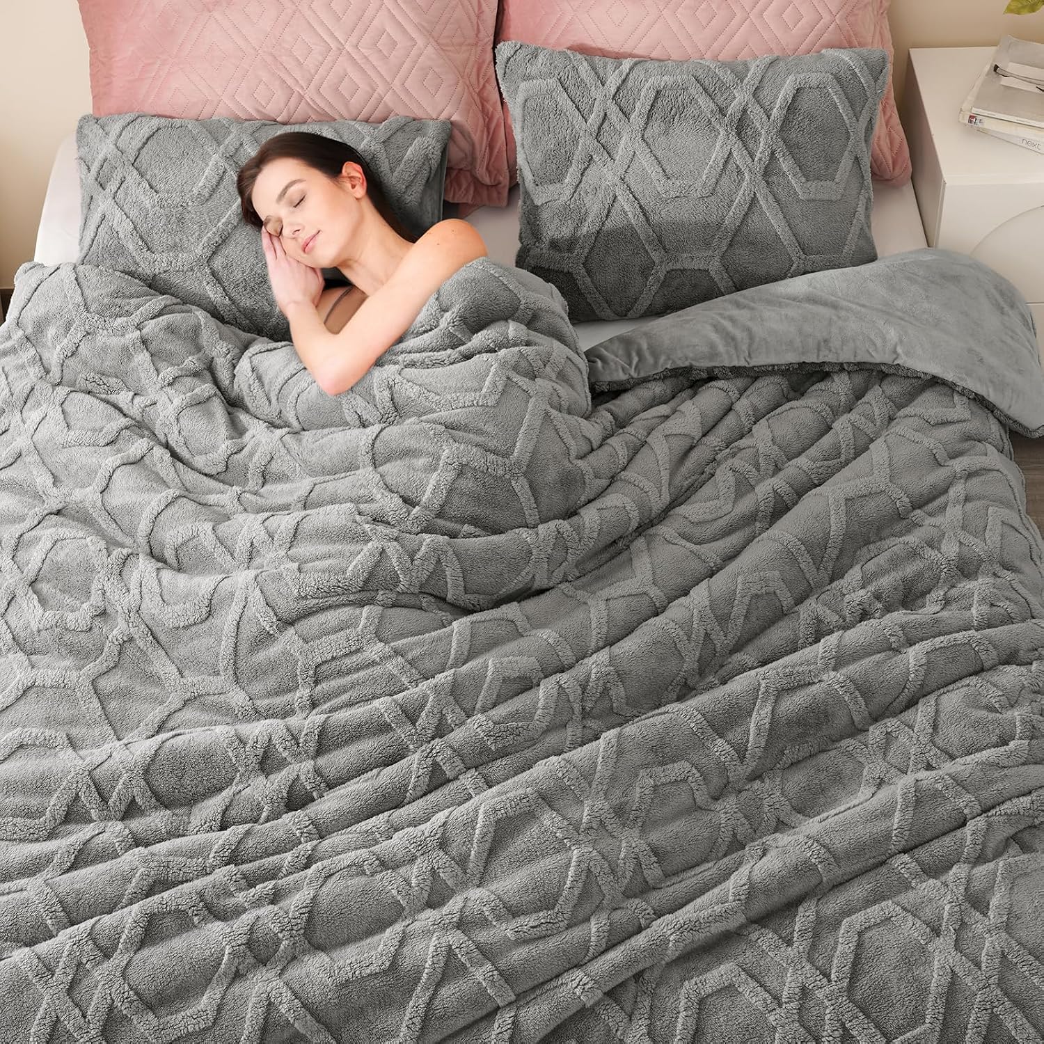 Grey Fluffy Sherpa Bedding Set