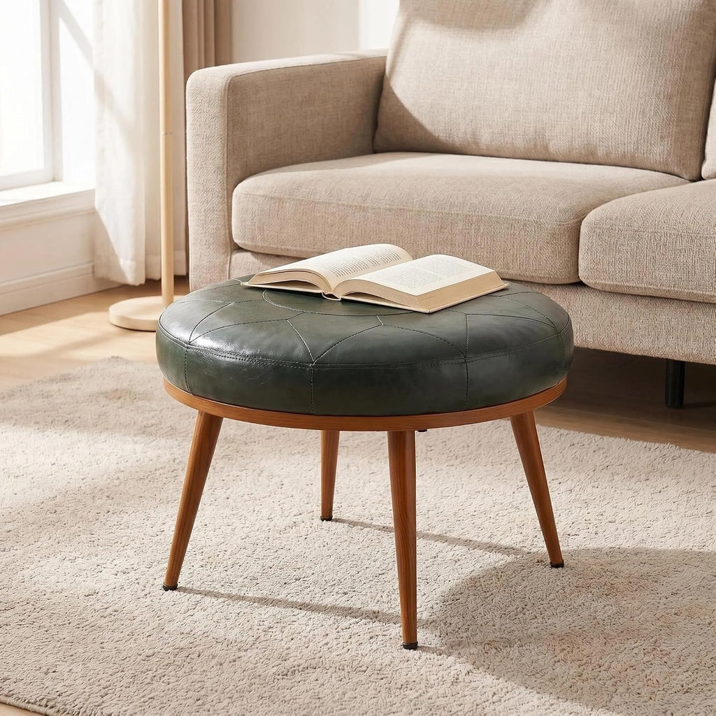 Green Faux Leather Round Ottoman
