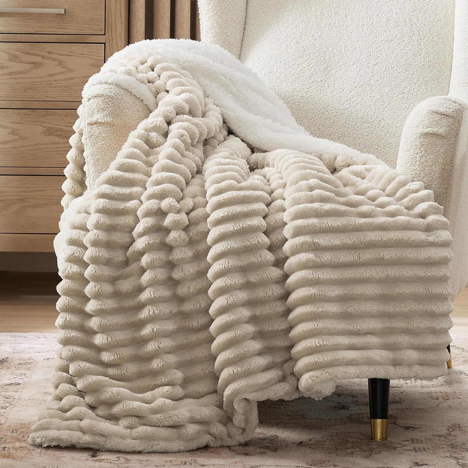 Beige Soft Plush Sherpa Throw Blanket
