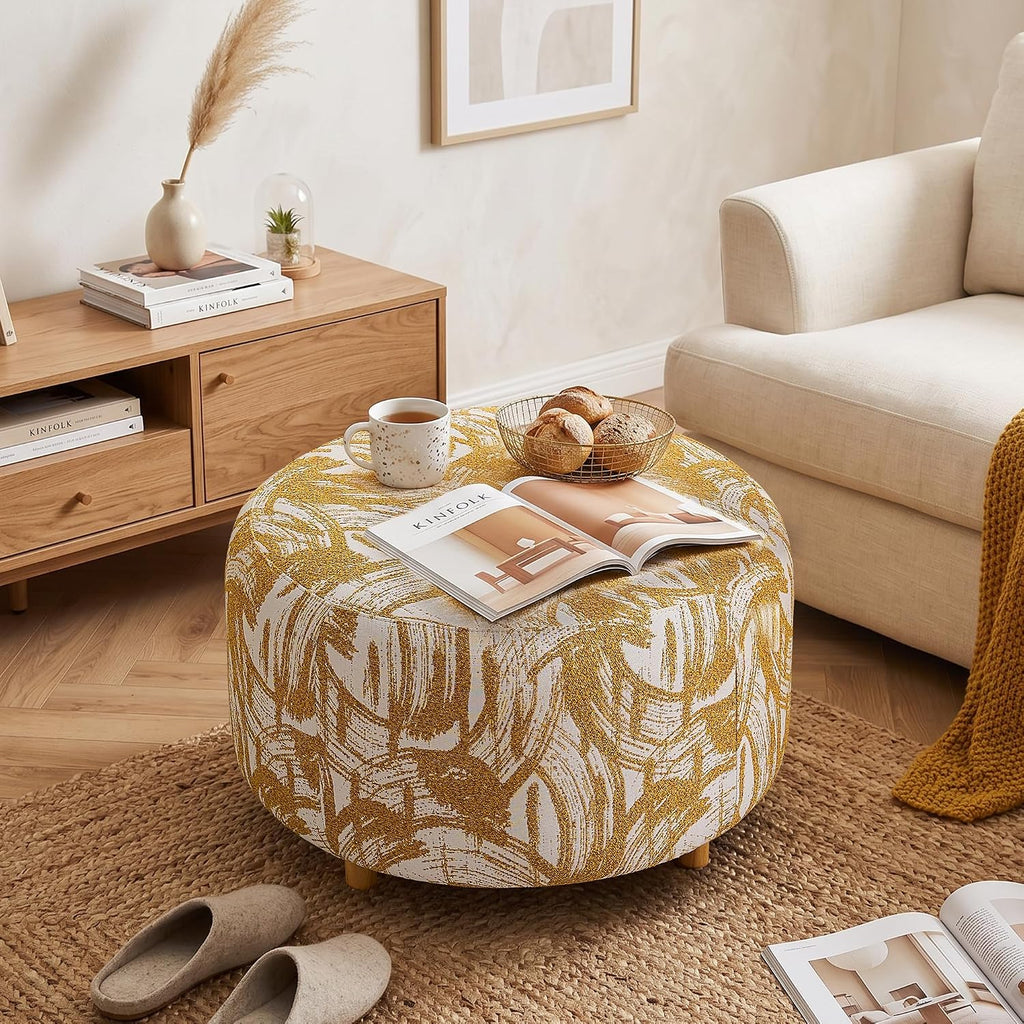 Yellow Fabric Round Ottoman