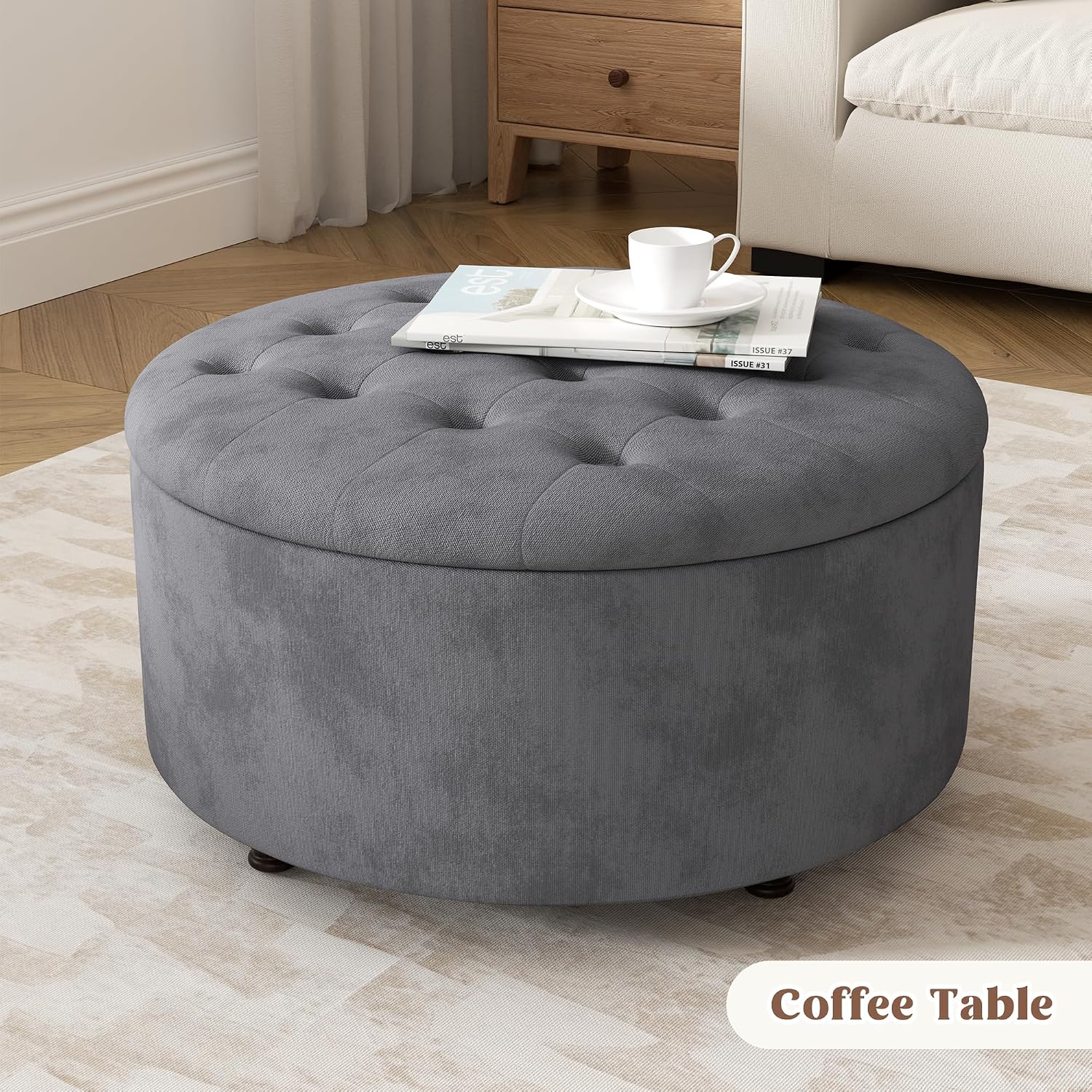Grey Round Storage Ottoman