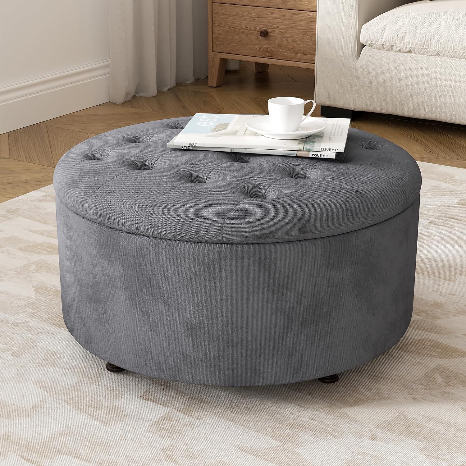 Grey Round Storage Ottoman