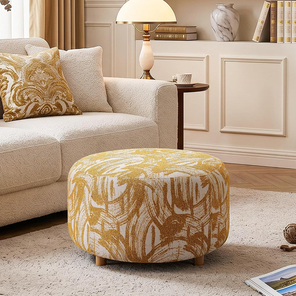Yellow Fabric Round Ottoman