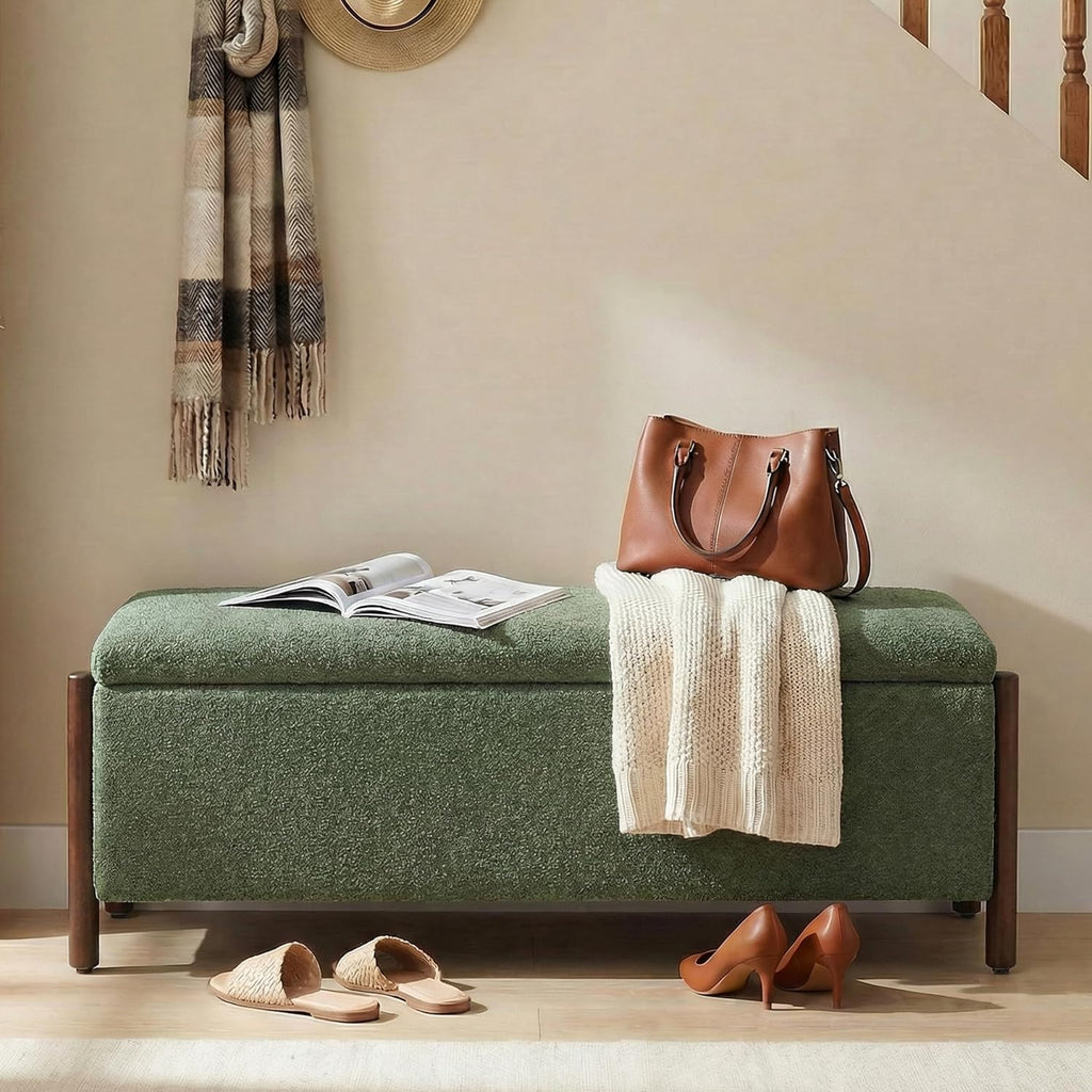 Green Fabric Wooden Storage Bench