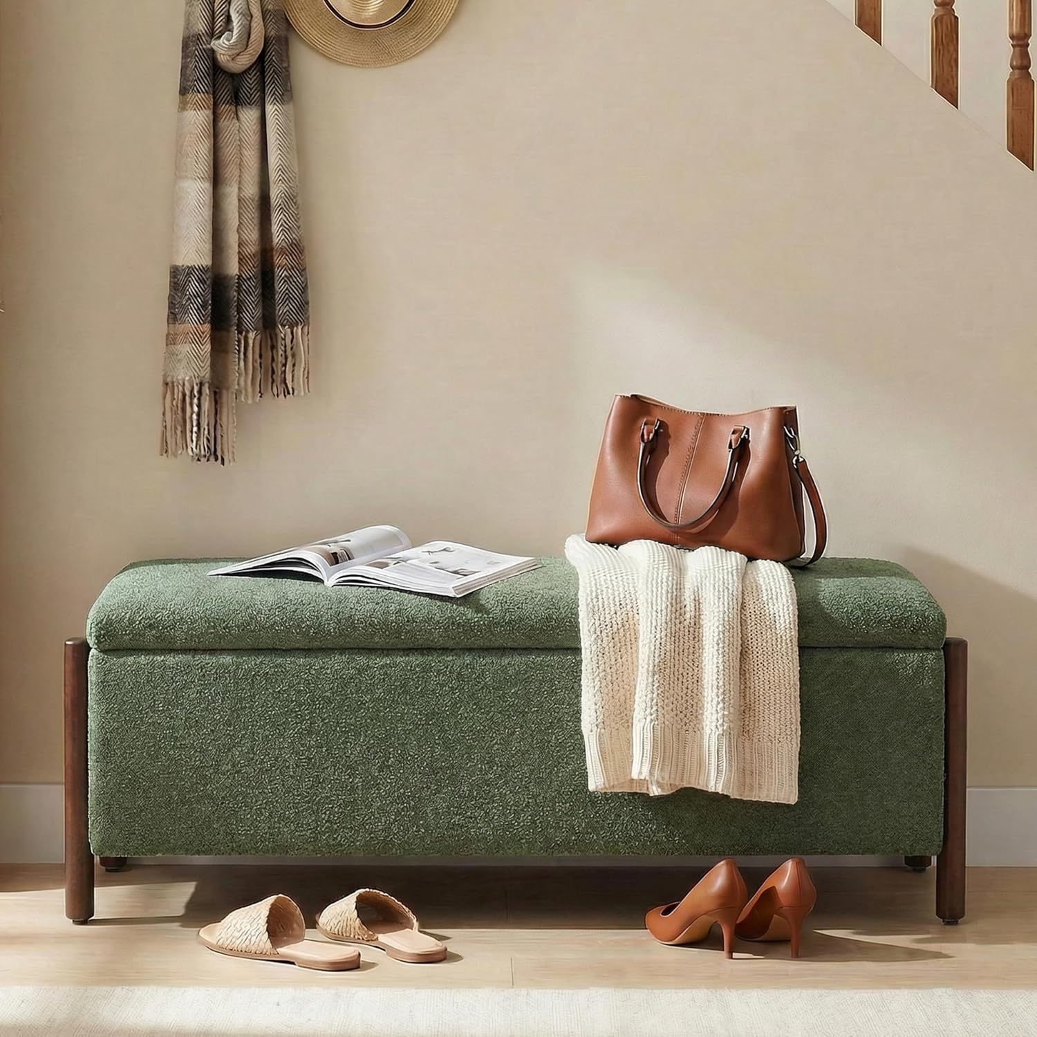 Green Fabric Wooden Storage Bench