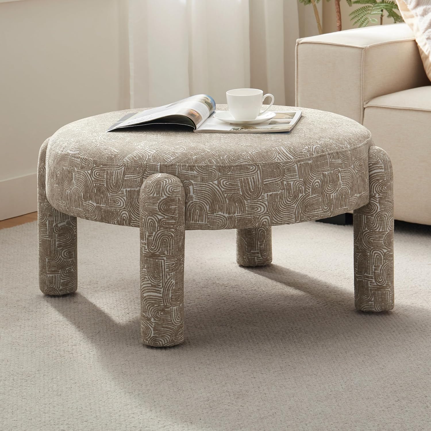 Brown Round Chenille Ottoman