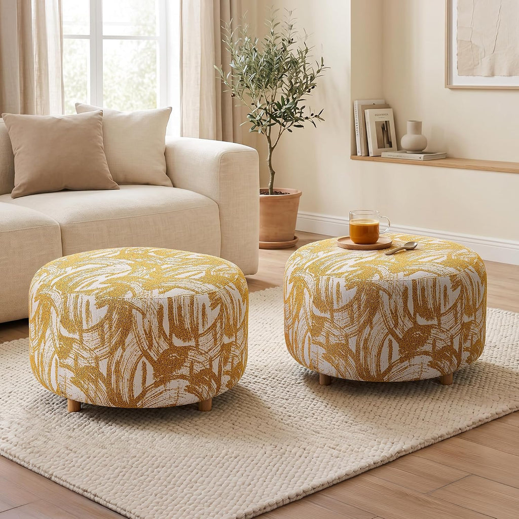Yellow Fabric Round Ottoman