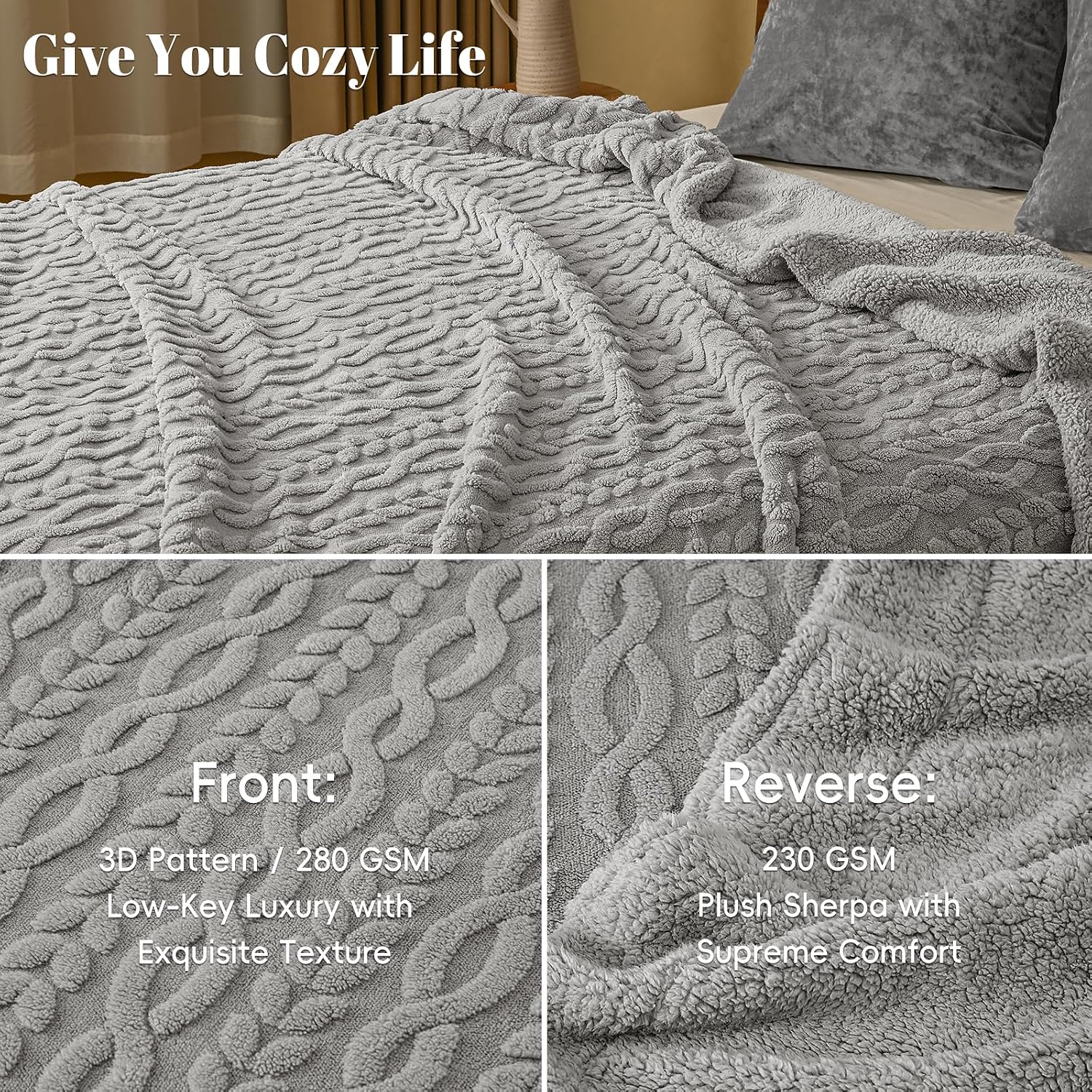 Grey Tufted Sherpa Fleece Blanket
