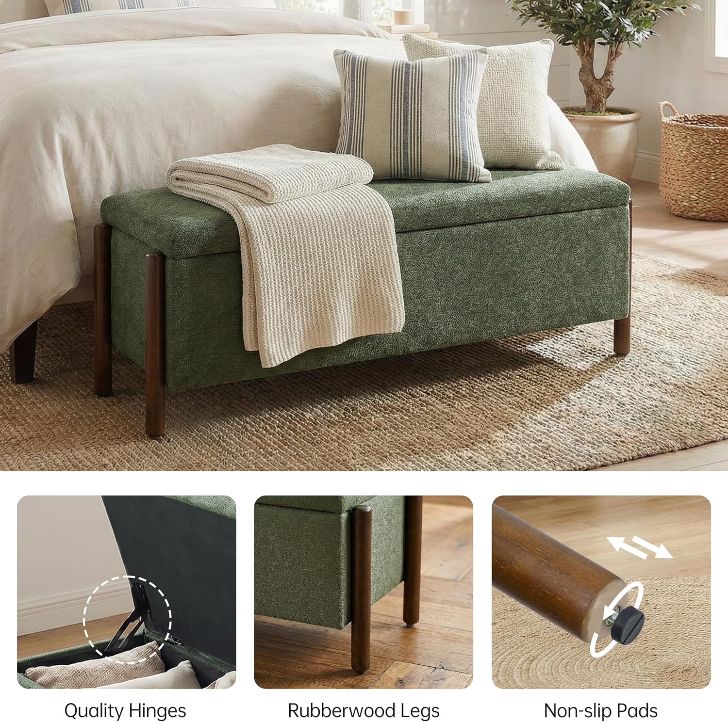 Green Fabric Wooden Storage Bench