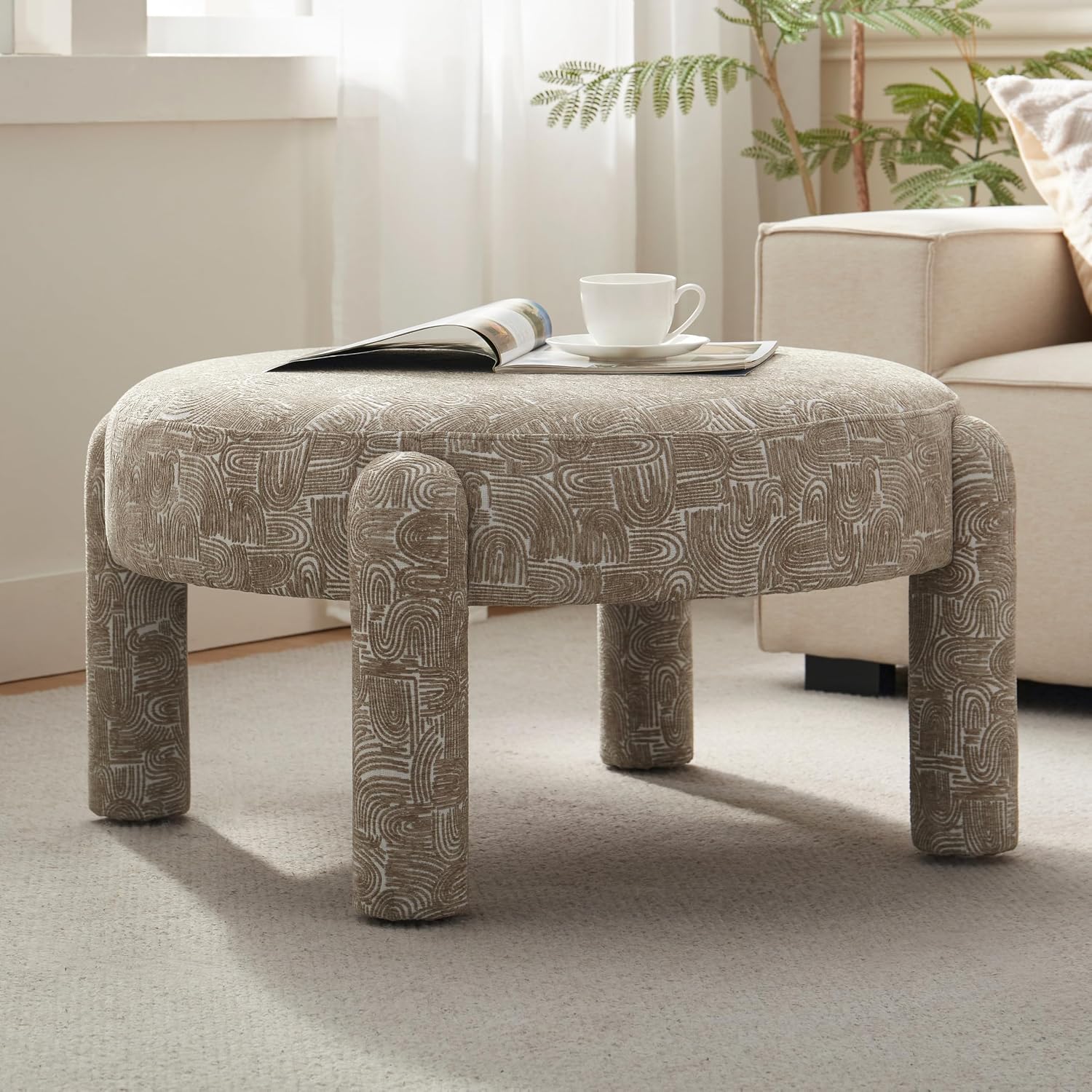 Brown Round Chenille Ottoman